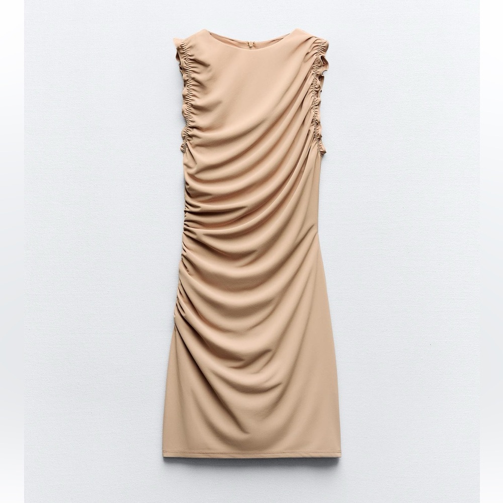 Zara SHORT RUFFLED DRESS XL | BEIGE-PINK